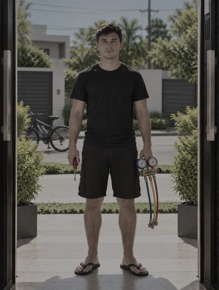 Sin Clima Bot: el mismo técnico con camiseta, bermudas y chanclas, solo con el juego de manómetros y una llave en la mano
