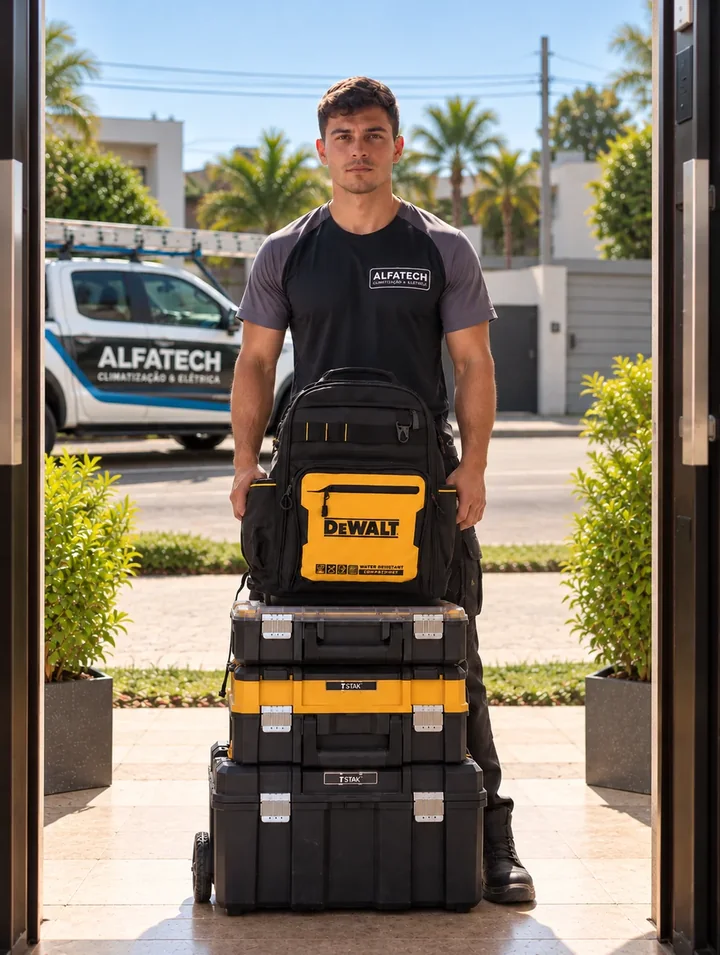 Con Clima Bot: técnico uniformado, con cajas de herramientas organizadas y el vehículo de la empresa